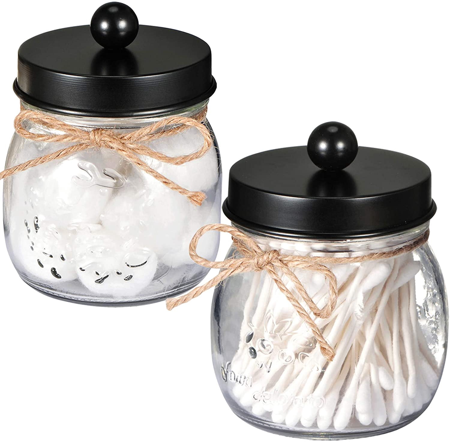 2 Pack Qtip Holders, Black Bathroom Decor, Cotton Swab Jars, Restroom Decor for Balls, Pads, Floss Picks -