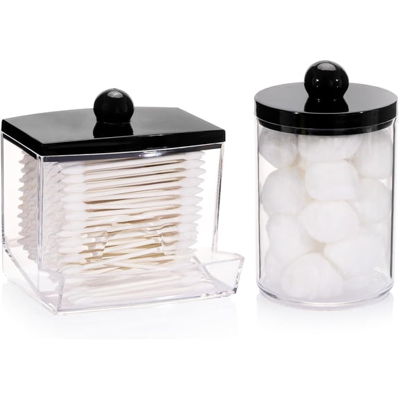 2 Pack Qtips Dispenser - Bathroom Organizers and Storage Containers, Plastic Apothecary Jars with Black Lids for Cotton Swab, Cotton Round Pads, Floss