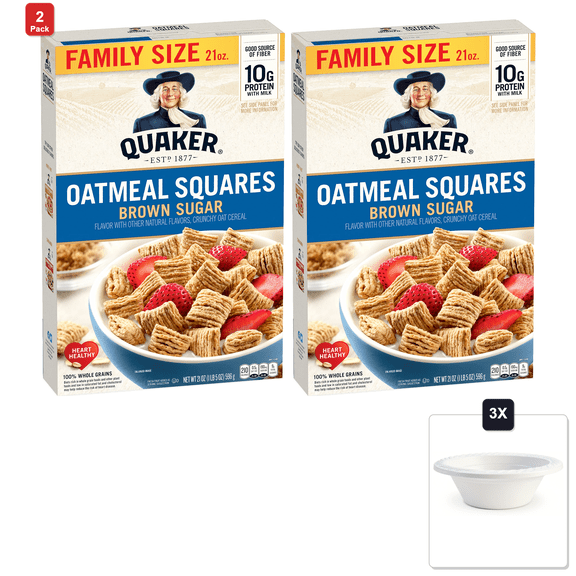 2 Pack | Quaker Oatmeal Squares Breakfast Cereal, Brown Sugar, 21 oz Family Size Box & 3x 12oz Disposable Plastic Bowl