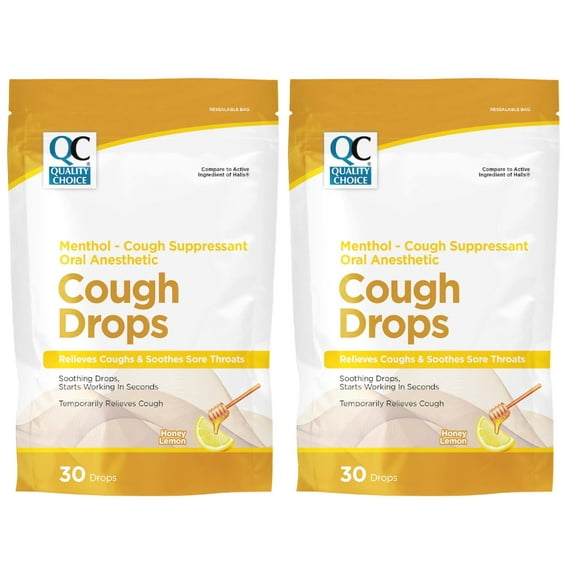 2 Pack - Quality Choice Honey Lemon Flavor Cough Drops, 30 Count Bag, Menthol Cough Suppressant and Oral Anesthetic, Suitable for Adults and Children Over 5 Years, Cold and Flu Relief, Cold Medicine