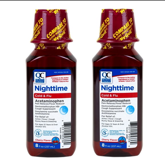 2 Pack - Quality Choice Nighttime Acetaminophen, Cold & Flu Syrup Multi-Symptom Relief, for Adults and Children 12 Years and Older, Cherry Flavor, 8 FL OZ