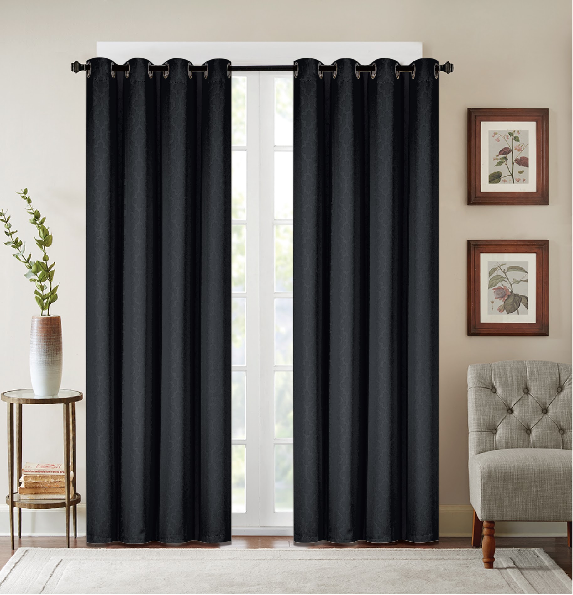 2 Pack Quatrefoil Trellis Blackout Curtain Panels Black