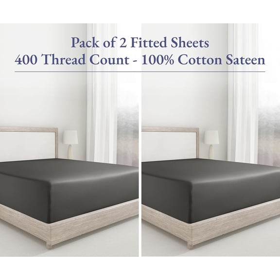 2-Pack Queen Fitted Sheet Only Deep Pocket - Soft 400 Thread Count Sateen, Natural Cotton Bed Fitted Sheets Queen Size with No-Pop Off Elastic, Cool and - Grey
