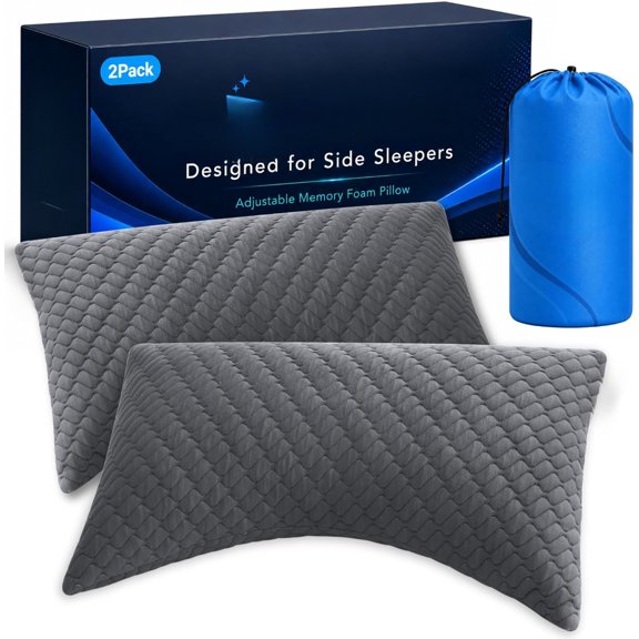 2 Pack Queen Size Adjustable Memory Foam Bed Cushions, Contoured Support Sleep Cushion with Extra Fill Foam, Customizable Height Design for Side & Back Resting Users, Grey Household Sleep Support Set