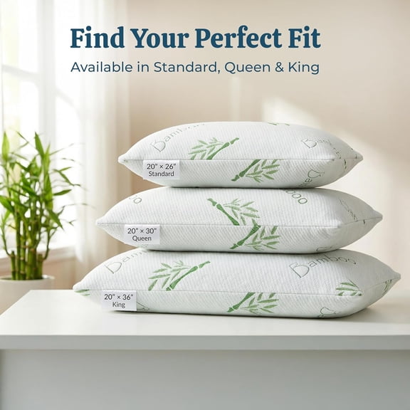 2 Pack Queen Size Rayon Derived from Bamboo Pillow for Sleeping Shredded Memory Foam Bed Pillows for Side, Back and Stomach Sleepers, Soft, Cooling, Adjustable and Washable Cover 20" x 30"