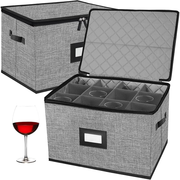 2 Pack Quilted Hard Shell Wine Glass Storage Box with Stackable Design, Dustproof and Portable Stemware Case in Dark Grey