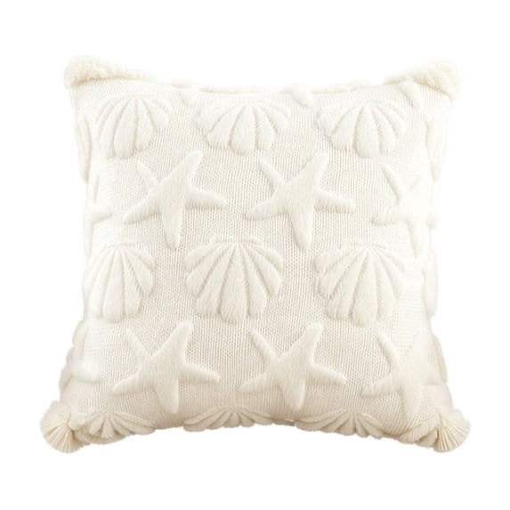 2 Pack Quilted Plush Throw Pillow Covers 18x18 Inch, Cream White Sea Star Shell Pattern Decorative Cushion Cases, Soft Coastal Beach Style Sofa Bed Accent Pillows for Living Room Bedroom Home Decor