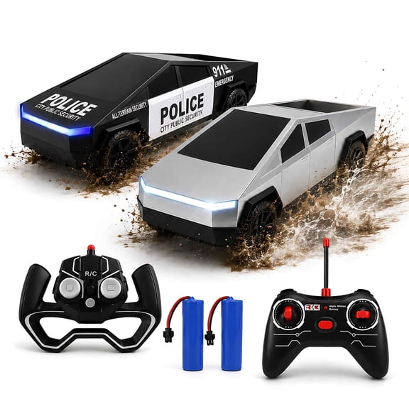 2 Pack RC Cyber Trucks for Kids, 1:24 Remote Control Pickup Set with LED Lights, Rechargeable Batteries and All-Terrain Tires, Ages 6+