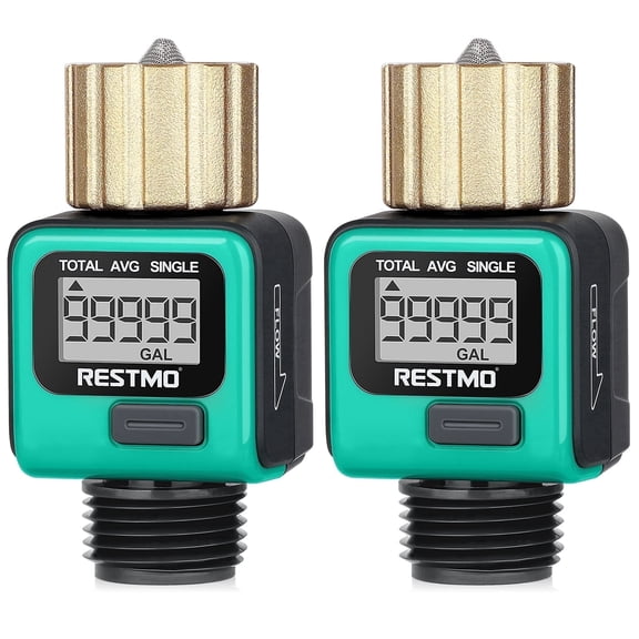 Restmo [2 Pack] Heavy Duty Water Flow Meter, Pure Brass Inlet,Metal Thread ,4 Measure Modes,Display Gallon/Liter Usage and Flow Rate ,Ideal to Track Outdoor Garden Hose Watering