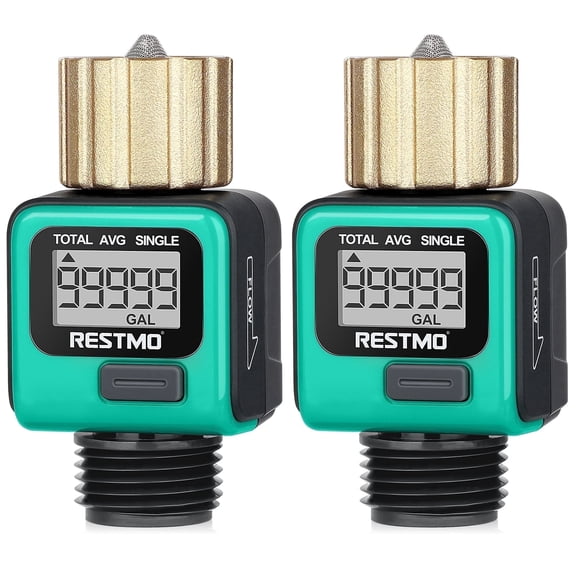 Restmo [2 Pack] Heavy Duty Water Flow Meter, Pure Brass Inlet,Metal Thread ,4 Measure Modes,Display Gallon/Liter Usage and Flow Rate ,Ideal to Track Outdoor Garden Hose Watering