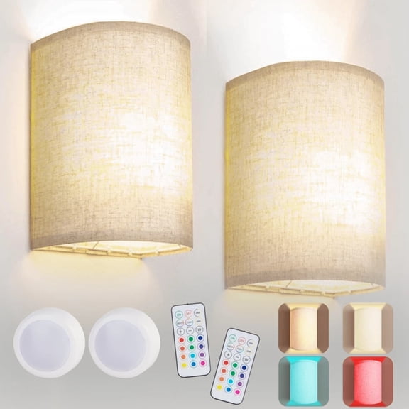 2-Pack RGB LED Rechargeable Wall Sconce - 16 Color Dimmable Wire-Free Fabric Light with Remote, Ambient Night Light for Bedroom Living Room Hallway Easter Birthday
