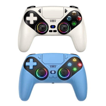 2 Pack RGB Wireless Controller for P5,7 Light Colors Compatible with P5 Pro/Slim/PC,Motion Contro Gamepad with Macro/Turbo Function, Dual Vibration, 3.5mm Audio Jack,6-Axis with Speaker(White&Blue)