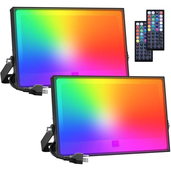 2 Pack RGBW LED Flood Light 800W Equivalent, 100W Color Changing Floodlight with 44 Keys Remote, 2700K Warm White IP66 Waterproof Spot Lights Outdoor, Uplights for Stage, Party