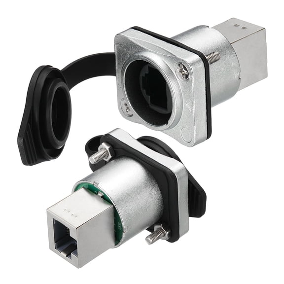 2 Pack RJ45 Right Angle Panel Mount Coupler, Female Ethernet LAN Cable Connector Pass Through Connector Shielded Panel Mount Bulkhead Extension Adapter with Dust Cover, Silver