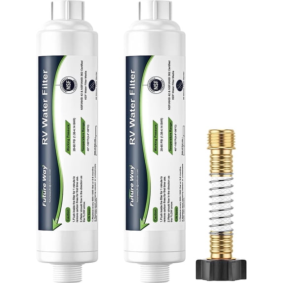 2 Pack RV Hose Water Filter with 1 Flexible Hose Protector(KDF), Ideal for RVs, Campers and Travel Trailers