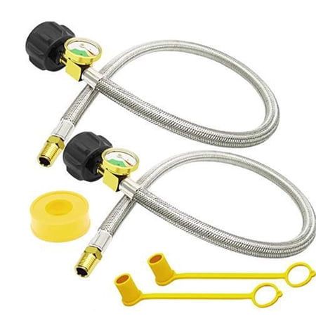2 Pack RV Propane Hose, with Gauge for Camper 15 inch RV Propane Hose, 1/4-inch Male NPT x QCC1