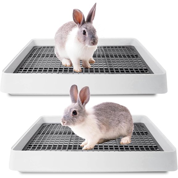 2 Pack Rabbit Litter Box with Grate, Large Shallow Bunny Litter Box Tray Plastic Guinea Pig Training Pan for Small Animals, Hamster, Hedgehog, Chinchillas, 14.5 x 11.6 x 2.5 Inch