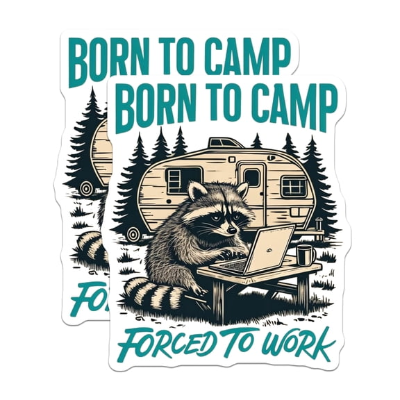 (2 Pack) Raccoon Camp Stickers - Funny Work Stickers - Laptop Camper Decals- 5" On Longest Side - Sticks to Smooth Flat Surfaces - Made in USA - BMCS16594