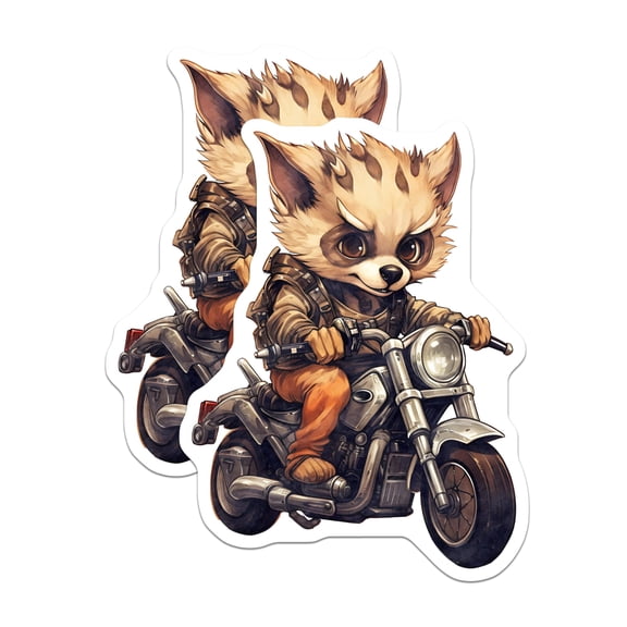 (2 Pack) Raccoon Motorcycle Stickers - Cartoon Animal Decal - Biker Ride Design - 5" On Longest Side - Sticks to Smooth Flat Surfaces - Made in USA - BMCS17025