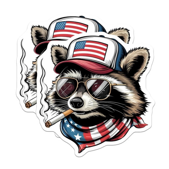 (2 Pack) Raccoon Stickers - Patriotic American Flag Animal Decals - Cool Aviator Cigar Raccoon - 5" On Longest Side - Sticks to Smooth Flat Surfaces - Made in USA - BMCS20569