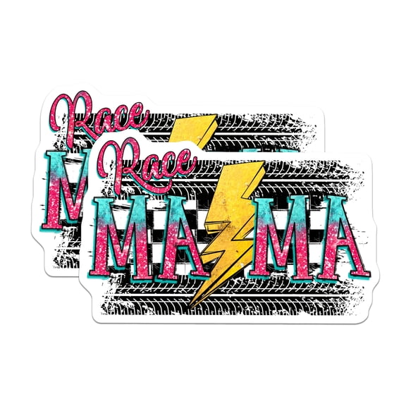 (2 Pack) Race Mama Stickers - Motorsport Racing Mom Decals - Dirt Track Lightning Bolt Auto Racing Fan Car Decal - 5" On Longest Side - Sticks to Smooth Flat Surfaces - Made in USA - BMCS24081