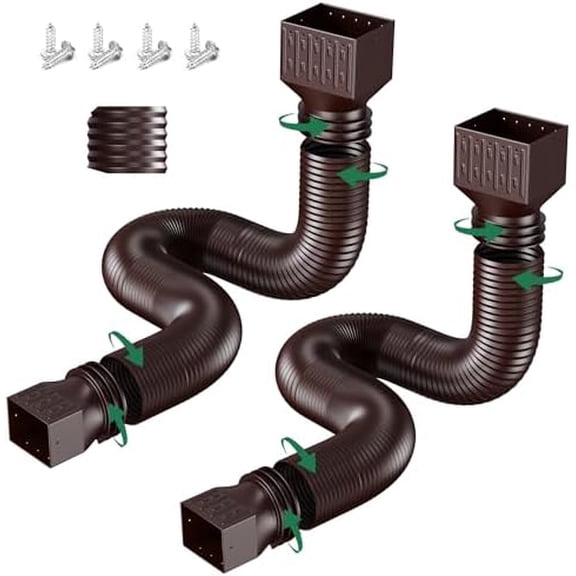 2 Pack Rain Gutter Downspout Extensions, Upgraded Flexible Drain Down Spout Extender for Rain Water Drainage, Each Extendable from 20" to 66", Combine to 10 ft with Connector(Brown)