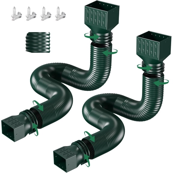 2 Pack Rain Gutter Downspout Extensions, Upgraded Flexible Drain Down Spout Extender for Rain Water Drainage, Each Extendable from 20" to 66", Combine to 10 ft with Connector(Green)