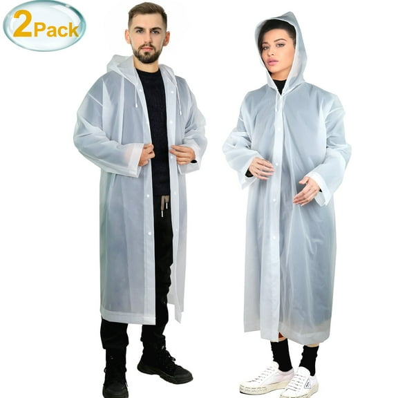 2 Pack Rain Ponchos for Adults Men Women, Reusable EVA Clear Raincoat Waterproof with Hood
