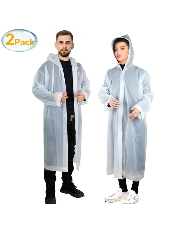 2 Pack Rain Ponchos for Adults Men Women, Reusable EVA Clear Raincoat Waterproof with Hood
