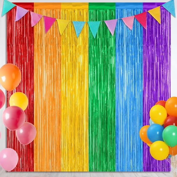 2 Pack Rainbow Backdrop Curtains, 3.28 FT x 7.05 FT Colofull Party Decorations, Metallic Tinsel Backdrop Fringe Curtains Party Streamer, Rainbow Party Supplies for Wedding Birthday Party Engagement