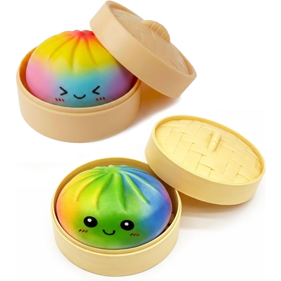 2-Pack Rainbow Dumpling Squishy Toys with Steamer – Kawaii Squeeze Dough Stress Balls – Funny Dough Realistic Steamed Fidget Sensory for Anxiety Relief & Travel Gifts