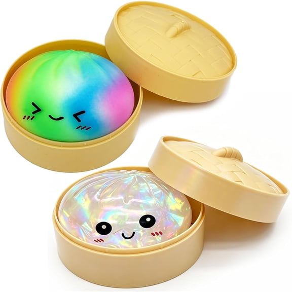 2-Pack Rainbow Dumpling Squishy Toys with Steamer – Kawaii Squeeze Dough Stress Balls – Funny Dough Realistic Steamed Fidget Sensory for Anxiety Relief & Travel Gifts