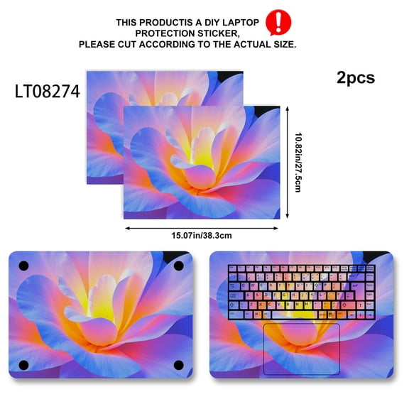 2-Pack Rainbow Floral Laptop Skin Stickers, 27.5x38.3cm PVC Material, Cut-to-Fit, Scratch-Resistant & Residue-Free, Universal Fit for 13-17 Inch MacBook, Dell, HP & More