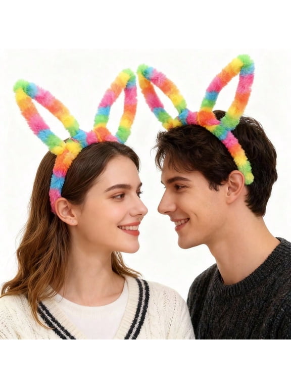 2 Pack Rainbow Plush Bunny Ear Headbands, Colorful Fluffy Rabbit Ears Hair Hoop, Cute Party Costume Headwear for Easter Cosplay Photo Props