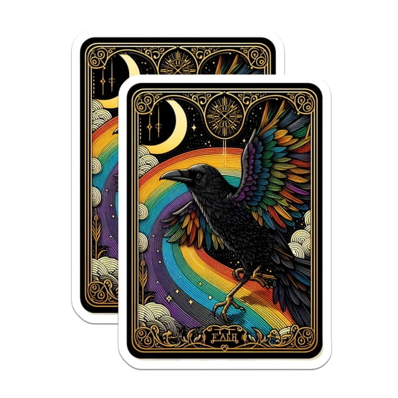 (2 Pack) Rainbow Raven Stickers - Celestial Crow Decal - Mystical Bird Art - Tarot Aesthetic - Colorful Moon Art - 5" On Longest Side - Sticks to Smooth Flat Surfaces - Made in USA - BMCS22247