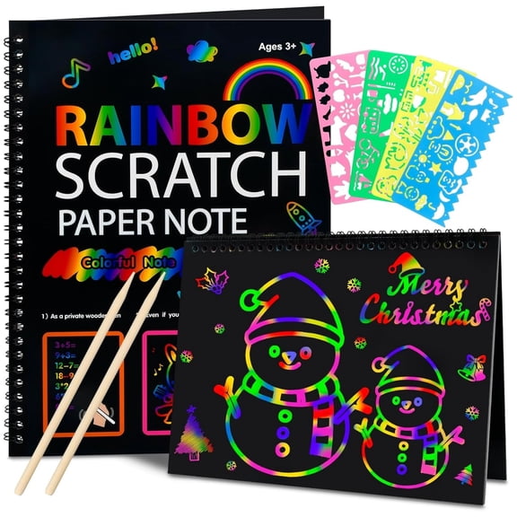 2 Pack Rainbow Scratch Paper Notebooks Scratch Paper Art Set Scratch Pads with Wooden Styluses and Drawing Stencils Black Sketch Note Coloring Activity Book for Christmas Gifts,7.5*10 in