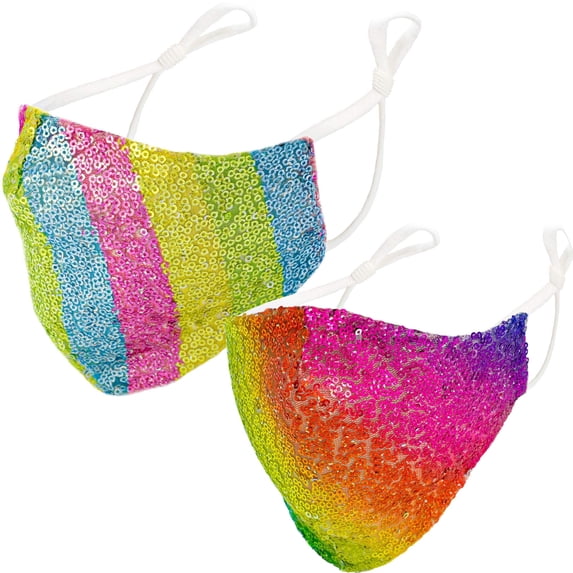 2- Pack Rainbow Sequin Face Covers with Adjustable Elastic Ear Loop Cover Full Face Anti-Dust, Unisex, Washable and Reusable (Rainbow)