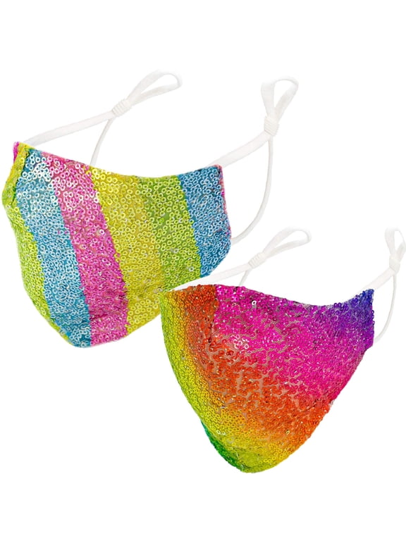 2- Pack Rainbow Sequin Face Covers with Adjustable Elastic Ear Loop Cover Full Face Anti-Dust, Unisex, Washable and Reusable (Rainbow)