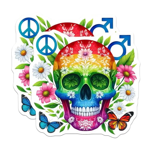 (2 Pack) Rainbow Skull Magnets - Flower Skull - Butterfly Skull Art - Colorful Peace Skull Fridge Magnet - 5" On Longest Side - for Cars, Fridges, Toolboxes - Made in USA - MAG6453