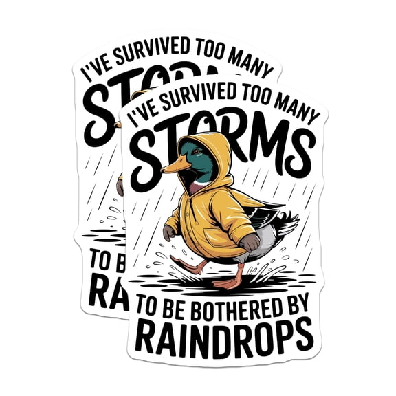 (2 Pack) Raincoat Duck Stickers - Storm Survivor Quote - Motivational Duck Art - Positive Overcomer Sticker - 5" On Longest Side - Sticks to Smooth Flat Surfaces - Made in USA - BMCS21216