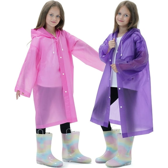 2 Pack Raincoats for Kids, Reusable Rain Ponchos with Hood and Sleeves Waterproof Rain Coat for Children Boy Girl Kids (Pink Purple)