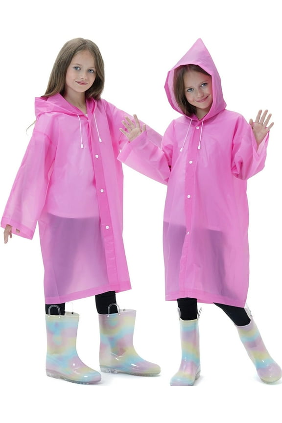 2 Pack Raincoats for Kids, Reusable Rain Ponchos with Hood and Sleeves Waterproof Rain Coat for Children Boy Girl Kids (Pink)