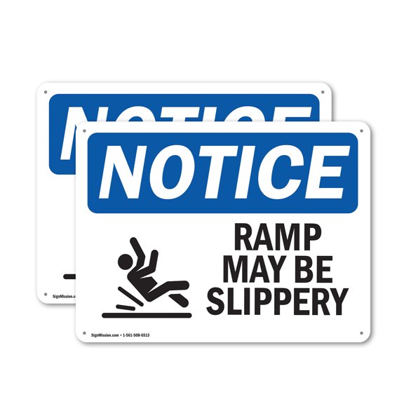 (2 Pack) Ramp May Be Slippery OSHA Notice Sign 24 Inch X 18 Inch Indoor / Outdoor Rust-Free Aluminum Metal Signs for Workplace, Workshop, and Construction Site, Made in the USA