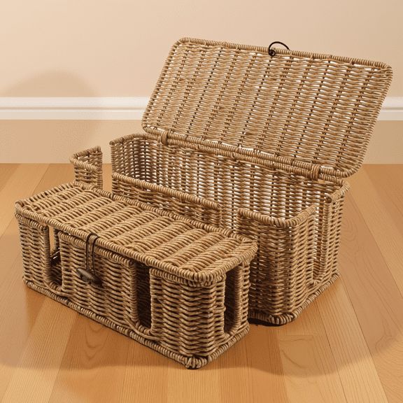 2 Pack Rattan Cord Management Box with Lid, 4 Exits Cable Organizer for Wire Hider, Large and Medium