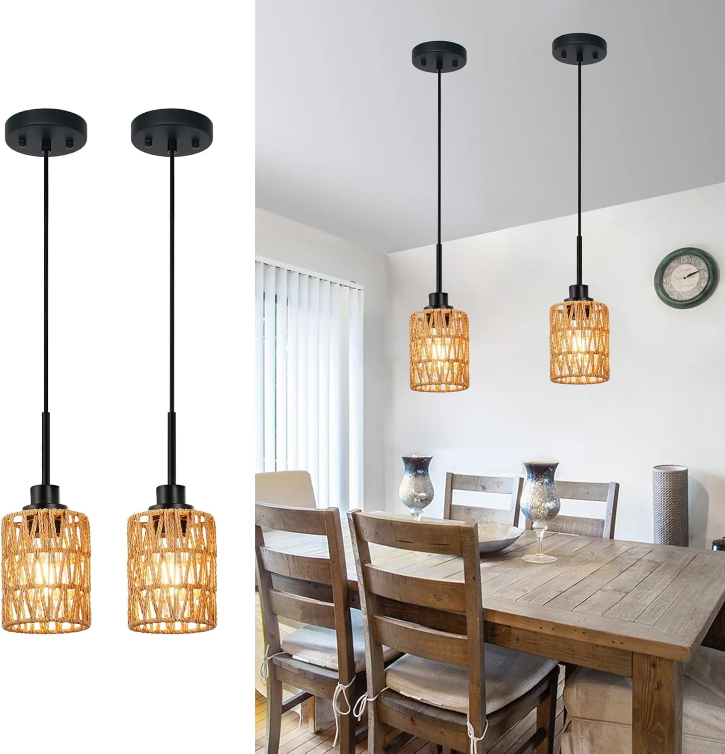 2 Pack Rattan Hanging Light Fixture Boho Pendant Light Black Adjustable Dining Table Light ...