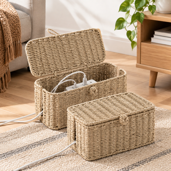 2-Pack Rattan-Style Cable Management Boxes with Lids, Handwoven Fiber Cord Organizers