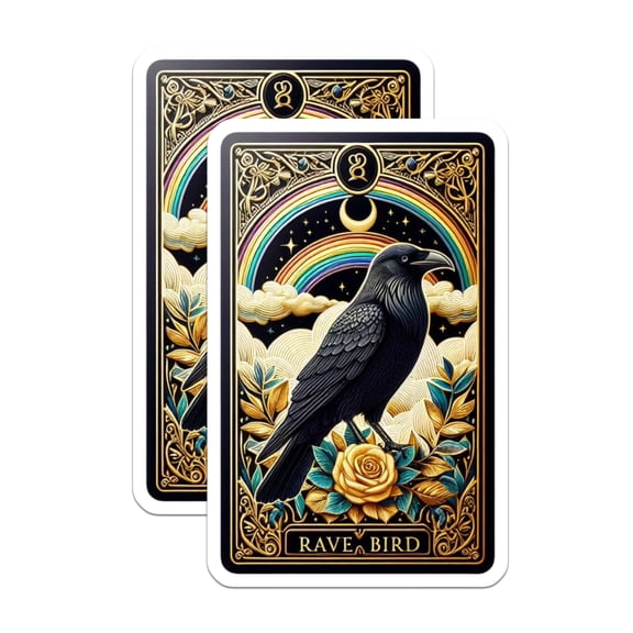 (2 Pack) Rave Bird Stickers - Mystical Black Raven - Celestial Rainbow Moon - Golden Rose Art - Tarot Style Crow Decals - 5" On Longest Side - Sticks to Smooth Flat Surfaces - Made in USA - BMCS21544