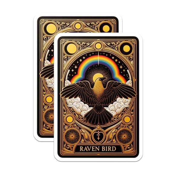 (2 Pack) Raven Bird Stickers - Mystical Golden Rainbow Art - Occult Spiritual Oracle Decor - 5" On Longest Side - Sticks to Smooth Flat Surfaces - Made in USA - BMCS21455