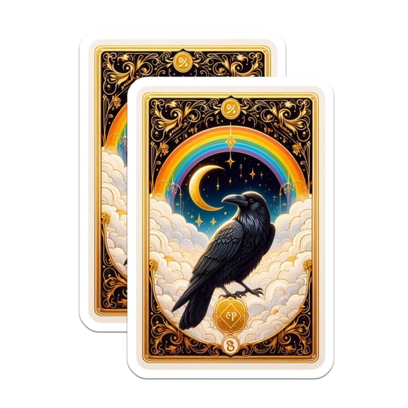 (2 Pack) Raven Crow Bird Magnets - Celestial Rainbow Moon Star Sky - Mystical Ornate Gold Art - Fantasy Gothic Witchy Decor - 5 Inches On Longest Side - Thick Durable Magnet - Made in USA - MAG21086