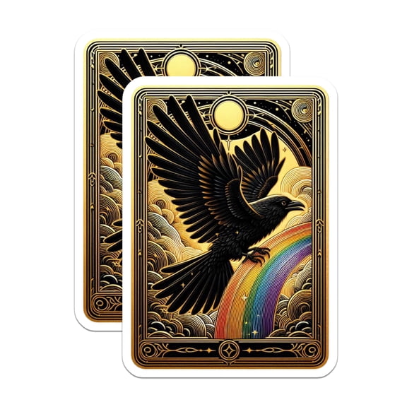 (2 Pack) Raven Rainbow Stickers - Black Bird Art Deco - Mystical Gold Crow - 5" On Longest Side - Sticks to Smooth Flat Surfaces - Made in USA - BMCS21117
